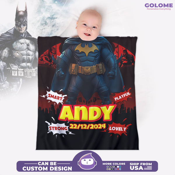 Personalized Baby Blanket - Custom Superhero Style Baby Batman Cape | Name & Date of Birth | Gift for Boys